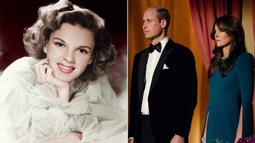 A young Judy Garland in a white blouse puts her hand to her chin split Prince William in a tuxedo and Kate Middleton in a long teal dress looking serious