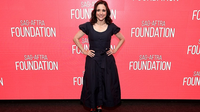 Julia Louis-Dreyfus posed for photos on the red carpet at the SAG-AFTRA Foundation Conversations for her movie "Tuesday," in a button-up black dress with puffed sleeves and a synched waist.