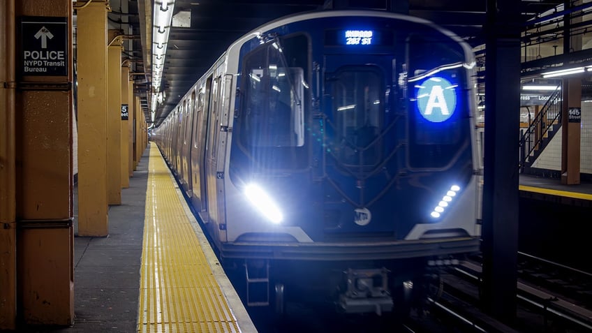 The A train seen at a subway station in Manhattan