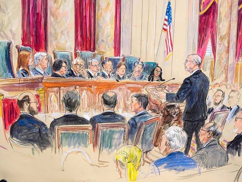 This artist sketch depicts Michael Dreeben, counselor to Special Counsel Jack Smith, right