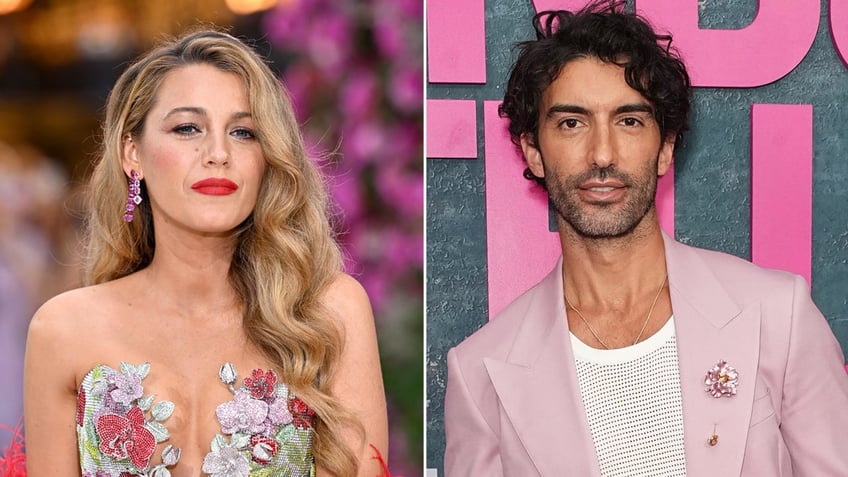 Blake Lively wears strapless floral dress next to Justin Baldoni in a pink suit