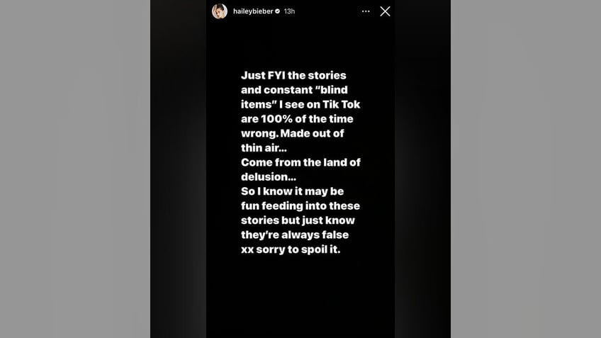 Screenshot of Hailey Bieber's Instagram story dispelling rumors 