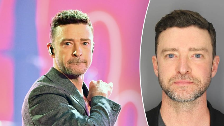 Justin Timberlake purses his lips on stage while performing split Justin Timberlake mugshot