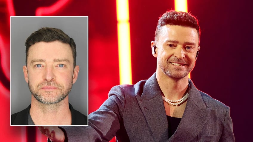 Justin Timberlake's mugshot along with a photo of him on stage