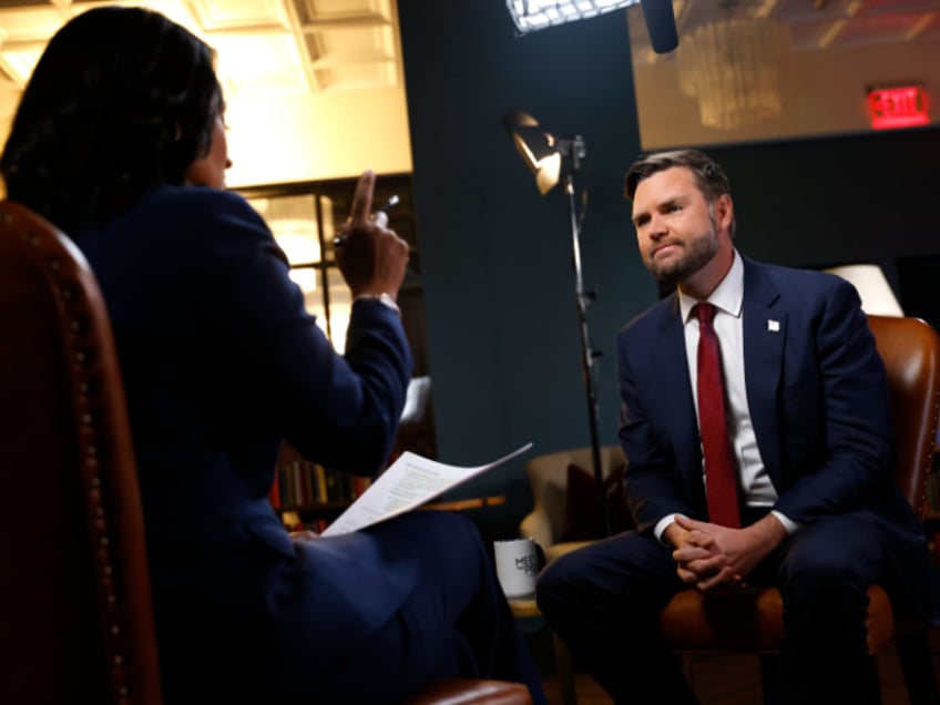 MEET THE PRESS -- Moderator Kristen Welker Interviews Senator J.D. Vance -- Pictured: (l-r) Moderator Kristen Welker, Senator J.D. Vance -- (Photo by: Meg Vogel/NBC via Getty Images)