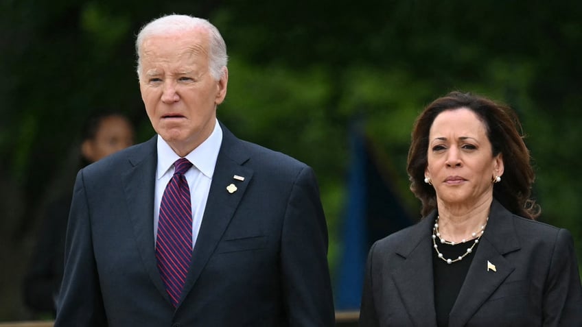 President Biden, left, with VP Kamala Harris, right