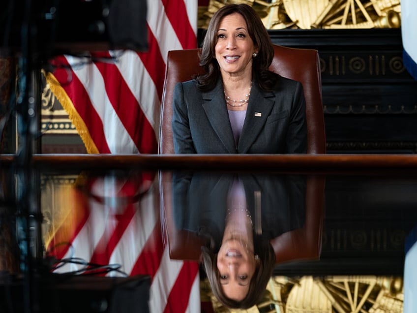 Vice President Kamala Harris records remarks on Wednesday, August 4, 2021, in the Vice Pre