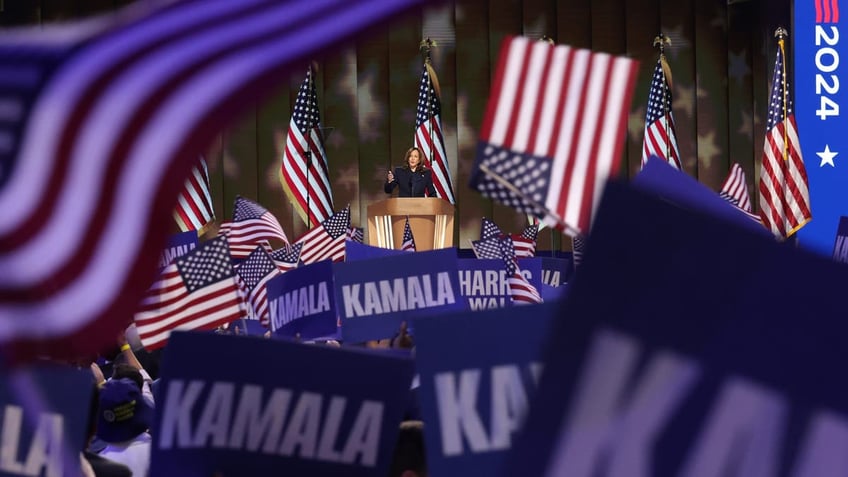 CHICAGO, ILLINOIS - AUGUST 22: Democratic presidential candidate, U.S. Vice President Kamala Harris speaks on stage during the final day of the Democratic National Convention at the United Center on August 22, 2024 in Chicago, Illinois. Delegates, politicians, and Democratic Party supporters are gathering in Chicago, as current Vice President Kamala Harris is named her party's presidential nominee. The DNC takes place from August 19-22. (Photo by Alex Wong/Getty Images)