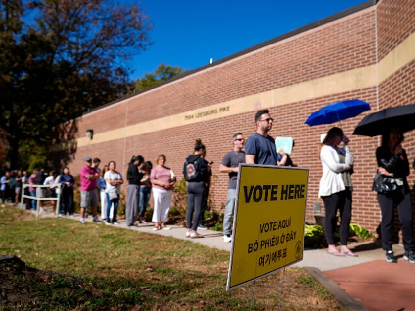 People wait in line before the polling place at Tysons-Pimmit Regional Library in Falls Ch