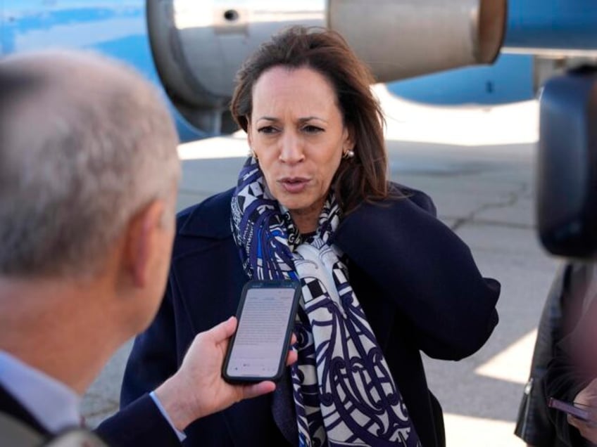 Democratic presidential nominee Vice President Kamala Harris speaks to the media before bo