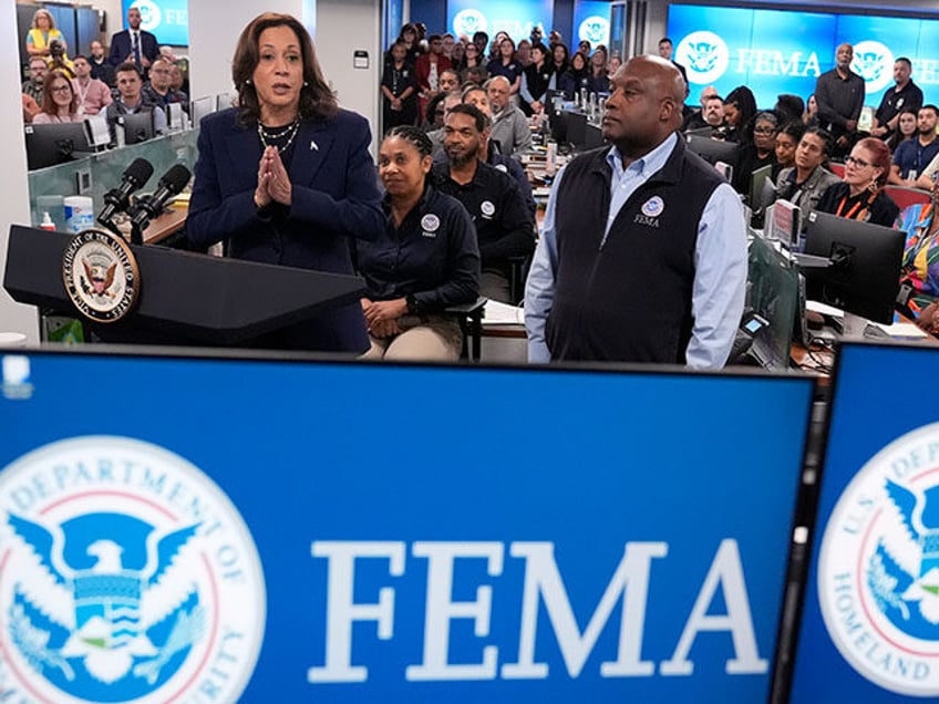 Democratic presidential nominee Vice President Kamala Harris speaks at FEMA headquarters,