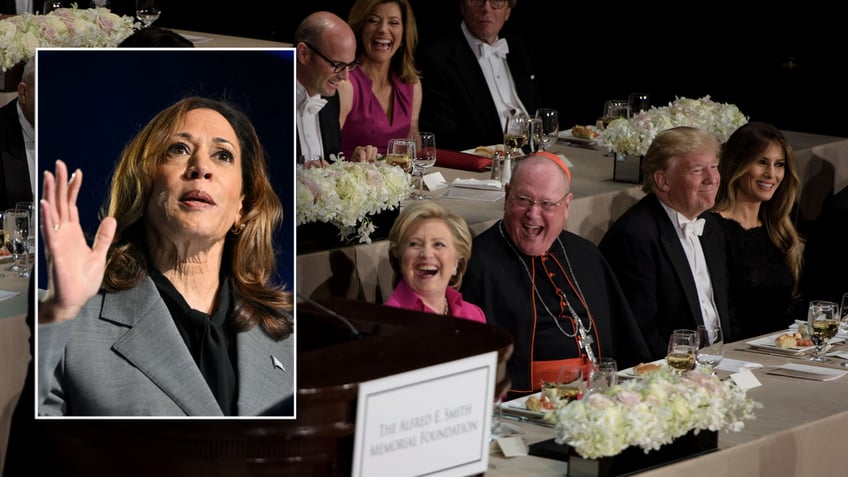 Split image of Harris and 2016 dinner