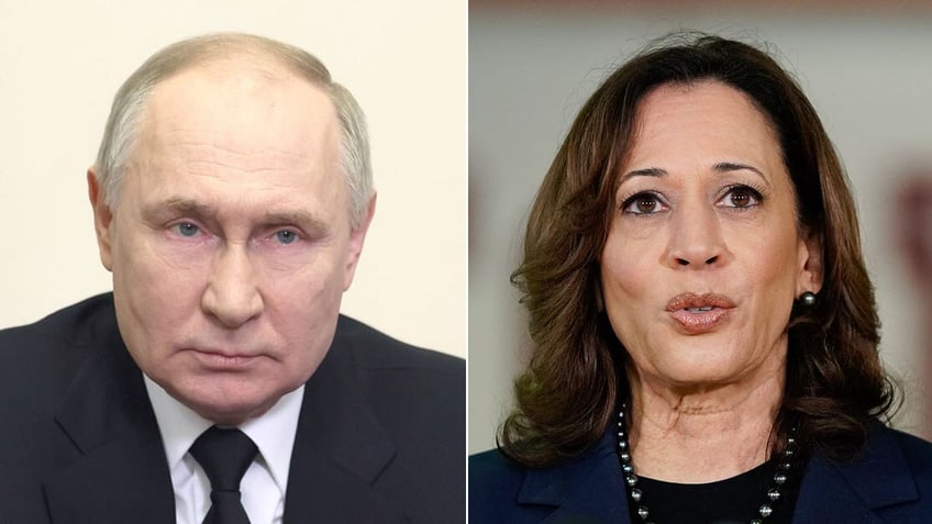 Putin and Kamala Harris split image