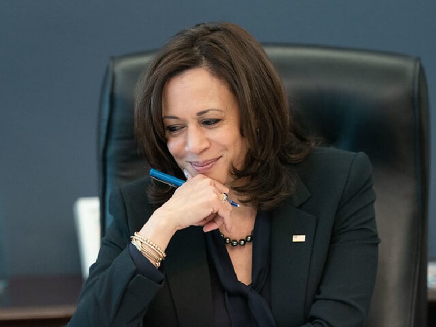 Vice President Kamala Harris listens during a phone call with World Trade Organization Gen