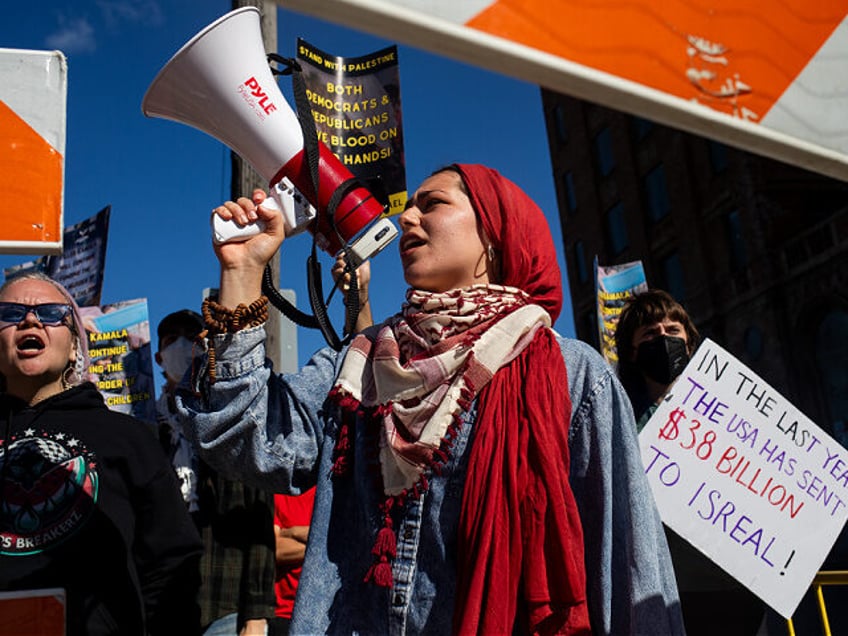 Pro-Palestinian demonstrators outside a campaign event with US Vice President Kamala Harri