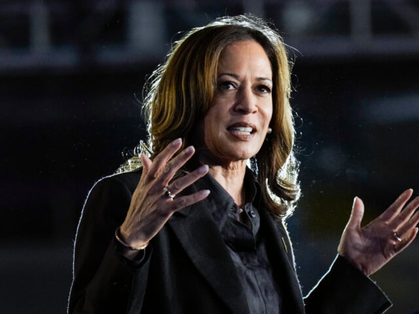 Democratic presidential nominee Vice President Kamala Harris speaks during a campaign even