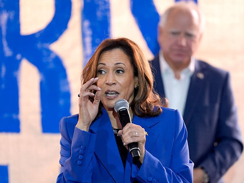 Democratic presidential nominee Vice President Kamala Harris speaks as Democratic vice pre