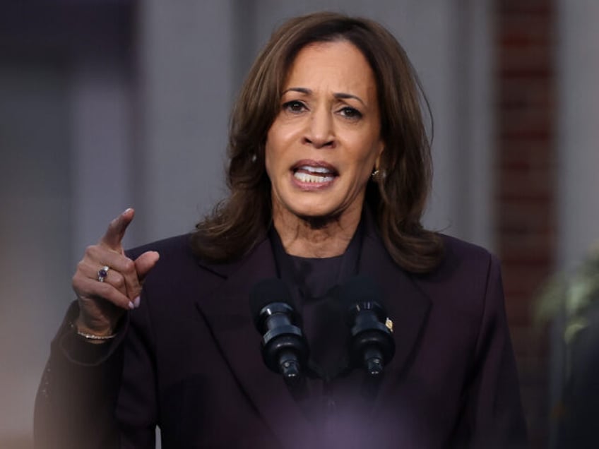 Democratic presidential nominee, U.S. Vice President Kamala Harris speaks on stage as she