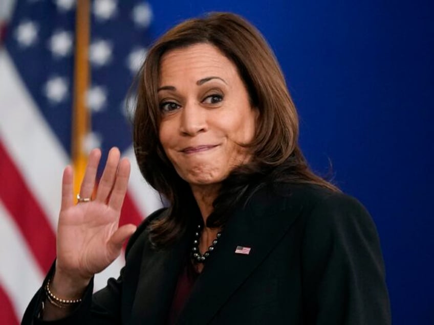 Vice President Kamala Harris waves as she departs after speaking at the Tribal Nations Sum