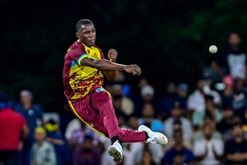 West Indies' Shamar Joseph throws a ball during the first T20 against Sri Lanka