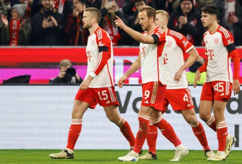 Harry Kane celebrates his opening goal in Bayern's 2-1 win over Leipzig