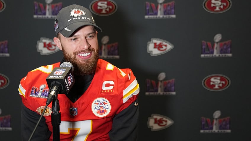 Harrison Butker at a pre-Super Bowl news conference