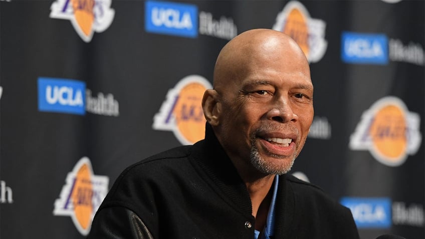 Kareem Abdul-Jabbar speaks to the media