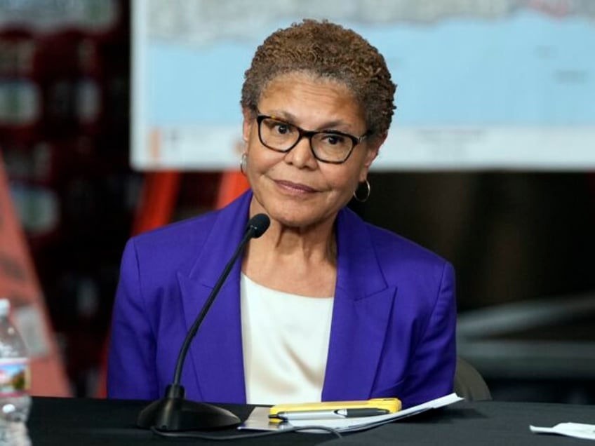 Los Angeles Mayor Karen Bass listens as President Donald Trump participates in a briefing