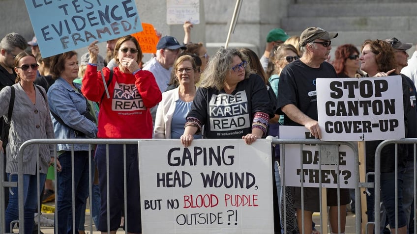 Protesters in support of Karen Read demonstrate outside the courthouse