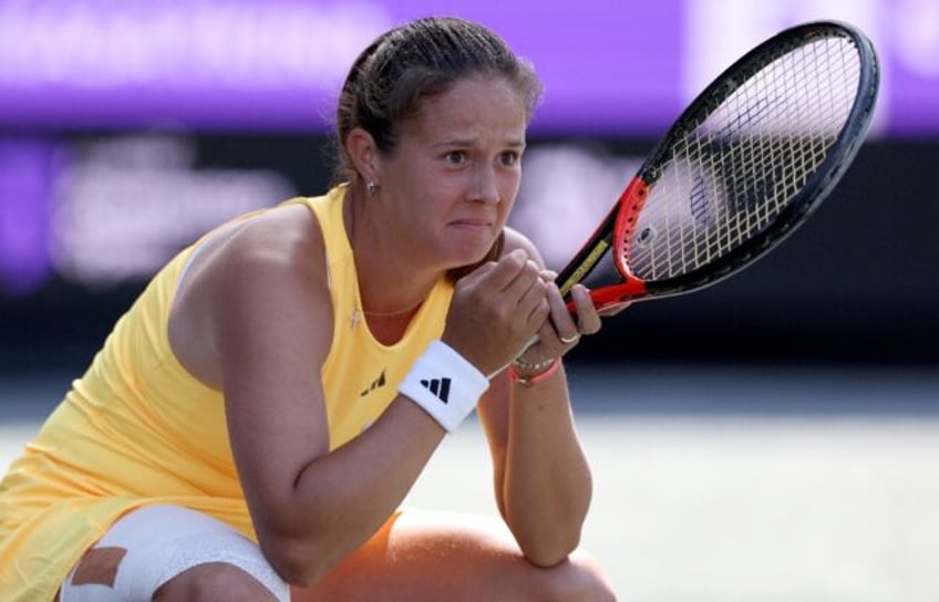 Daria Kasatkina reacts after defeating Jessica Pegula of the United States at the Charlest