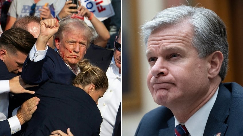 A split image of Christopher Wray and Donald Trump after the July 13 assassination attempt