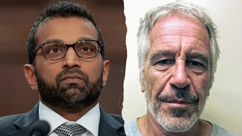 Kash Patel looks on and Jeffrey Epstein mugshot split image