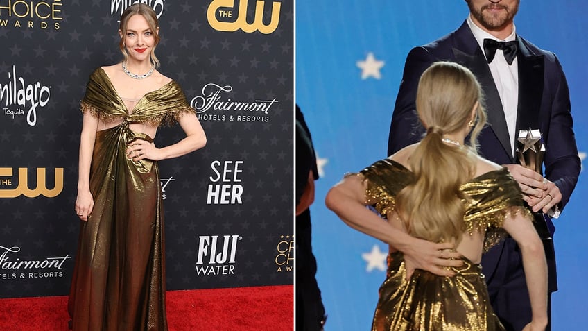 Side by side photos of Amanda Seyfried on the red carpet in gold dress with a phot of her holding the back of her dress walking up to the stage