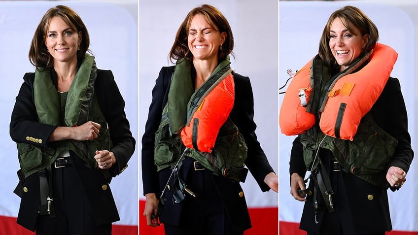 kate middleton braces for life vest mishap during first royal outing in new military role