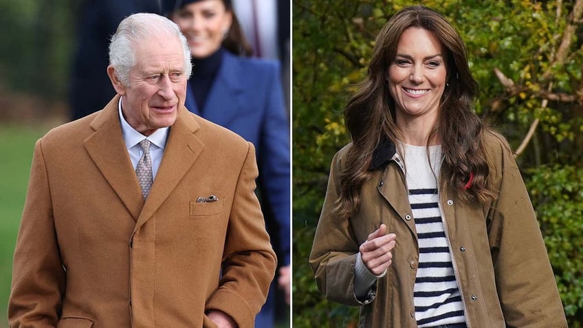 Royals King Charles and Kate Middleton wear matching brown coats