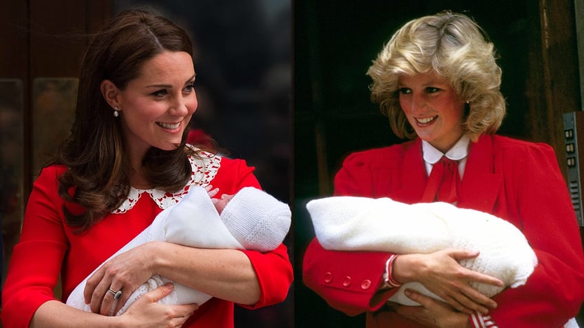 A side-by-side photo Of Kate Middleton and Princess Diana wearing red and holding babies.