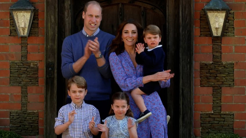 Princess Catherine, Prince William Prince George, Princess Charlotte, and Prince Louis outside their home during the Covid pandemic