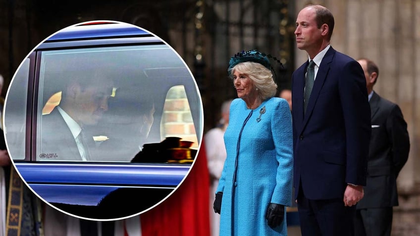 Kate Middleton and Prince William ride in a vehicle outside of Windsor Castle