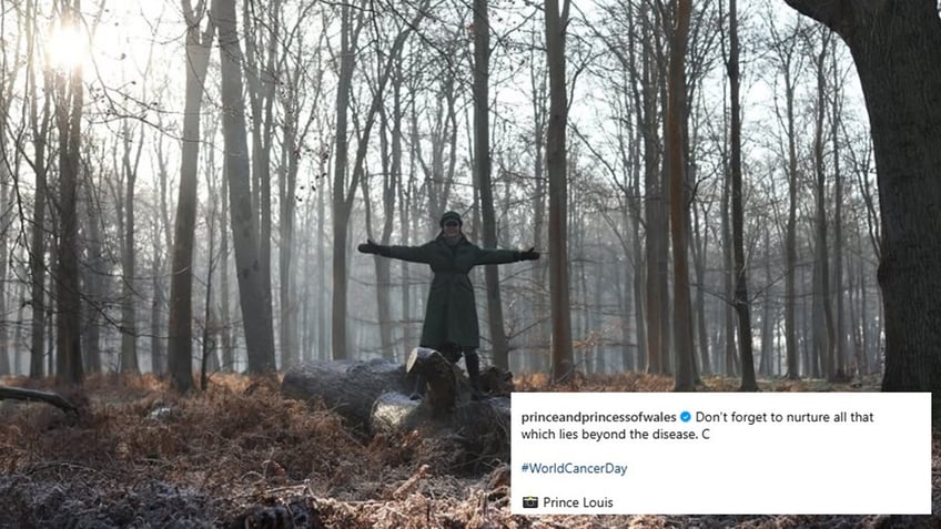 Kate Middleton standing in the woods with a caption indicating the photo was taken by her son Prince Louis