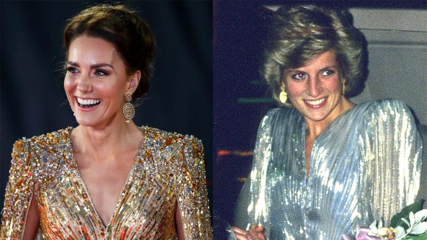 A split side-by-side photo of Kate Middleton and Princess Diana wearing sparkling dresses.