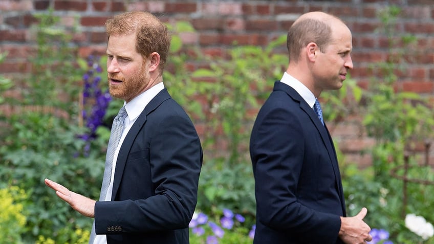 Prince William and Prince Harry with their backs turned walking away from each other.