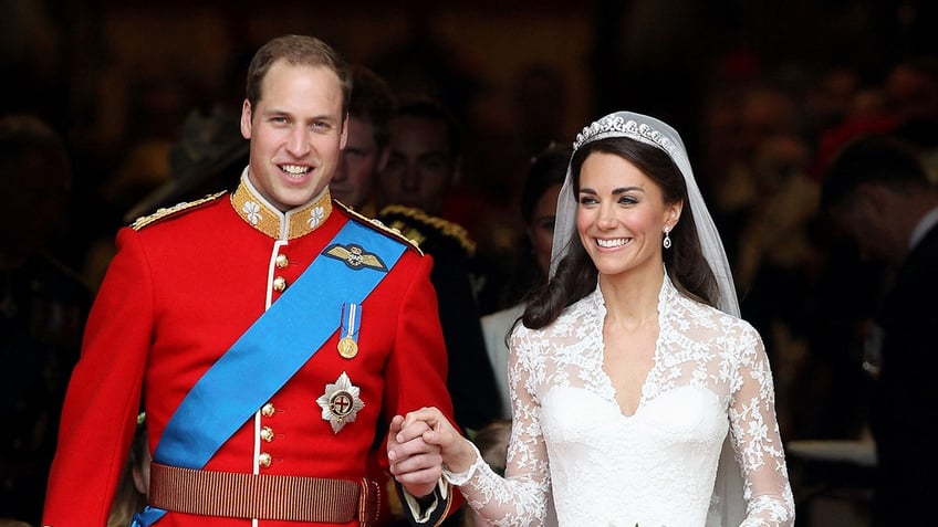 Prince William and Kate Middleton smiling on their wedding day