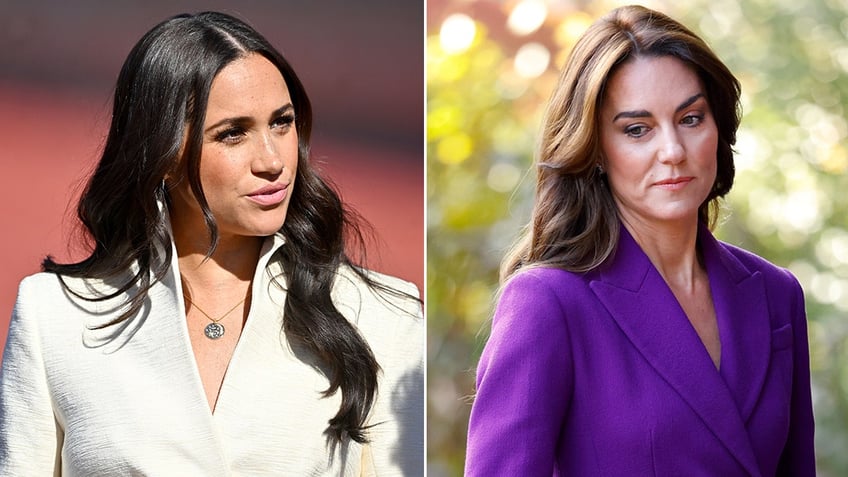 A split side-by-side photo of Meghan Markle and Kate Middleton