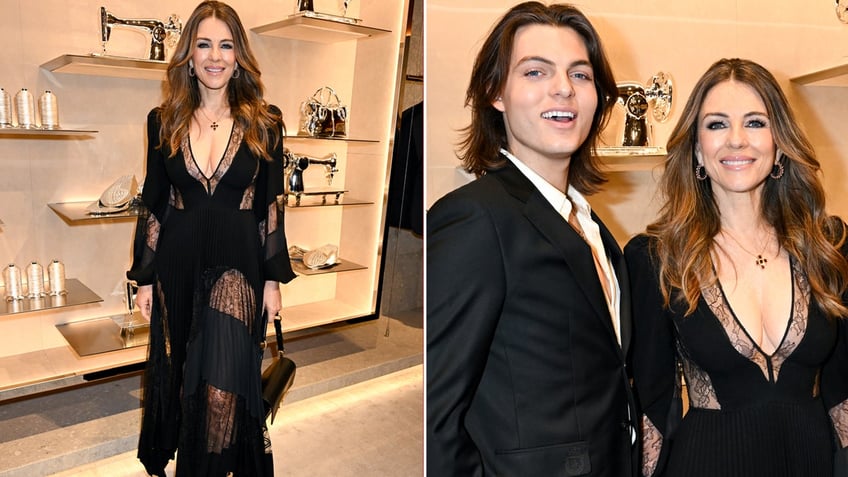 Elizabeth Hurely and her son at New York Fashion Week