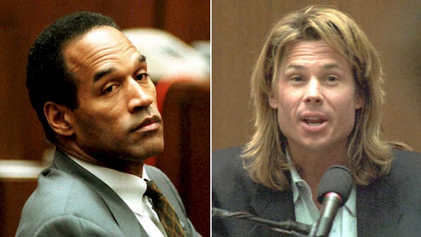 O.J. Simpson sits in court next to Kato Kaelin on the witness stand.