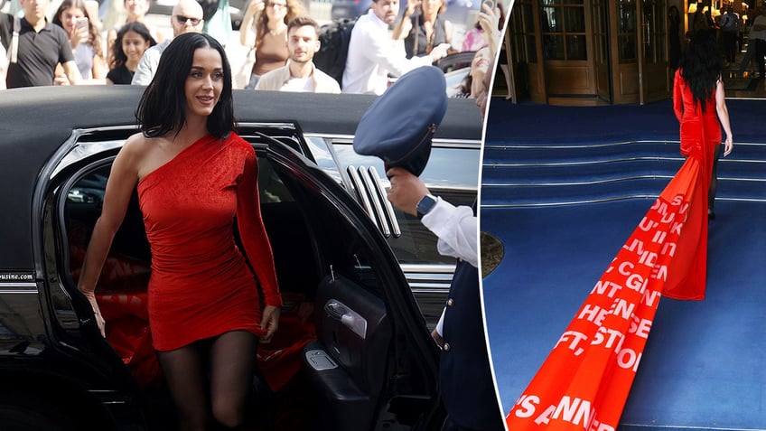 Katy Perry in a red dress gets out of a limo in Paris split shot of Katy Perry walking inside from behind, showing her extensive train with words on it