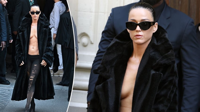 Katy Perry in a black fur coat with no under shirt and ripped tights at the Balenciaga show in Paris
