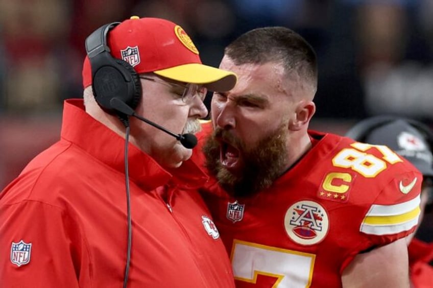 Travis Kelce screams at Kansas City head coach Andy Reid in Sunday's Super Bowl thriller