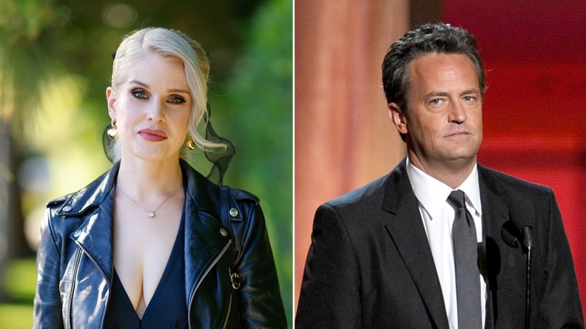 Kelly Osbourne wears leather jacket alongside Matthew Perry in a black suit.