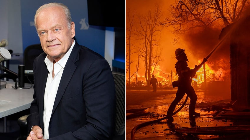 side by side photos of Kelsey Grammer and firefighter spraying a house at a massive fire